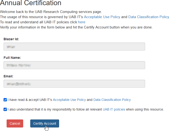 !Account certification form.