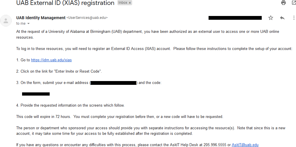 !Email with instructions for completing XIAS user registration. The instructions include a link to the UAB XIAS Guest Users page https://apps.idm.uab.edu/xias/top and an invite code for registration.