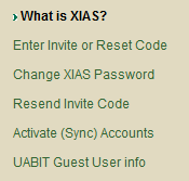 Main UAB XIAS Guest Users page. Links are in the menu at left and include the "Enter Invite or Reset Code" link.