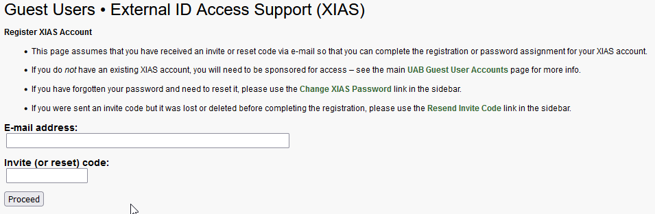 Register XIAS Account form. The form requires an email and invite code. A proceed button is highlighted.