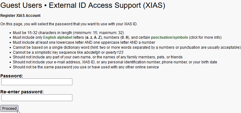 Form requiring password and confirmation of password. A proceed button is highlighted.