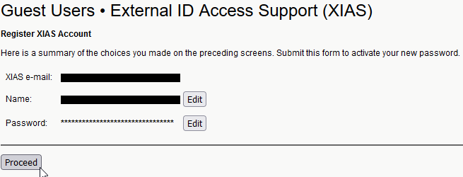Confirmation page summarizing previous forms. Listed are email, name and password. Password is obfuscated. Edit buttons are to the right of name and password. A proceed button is highlighted.