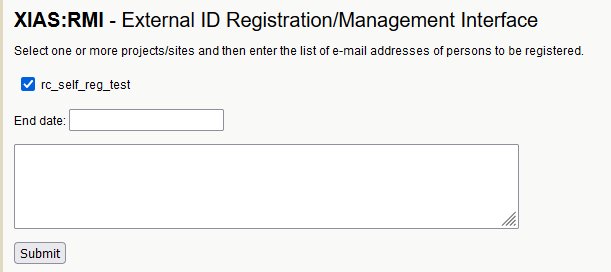 User registration form with checked Checkbox whose label has the previously selected site. Form also has End Date textbox and unlabeled text box which accepts a list of email addresses.