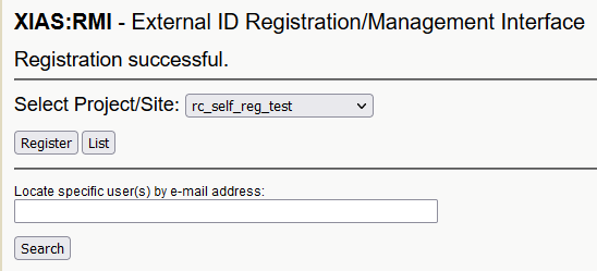 UAB XIAS User Management Webpage with the text Registration successful.
