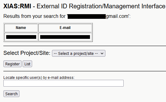 UAB XIAS User Management Webpage. An email search has been performed using the text field and a table listing names and emails is present at the top of the page.