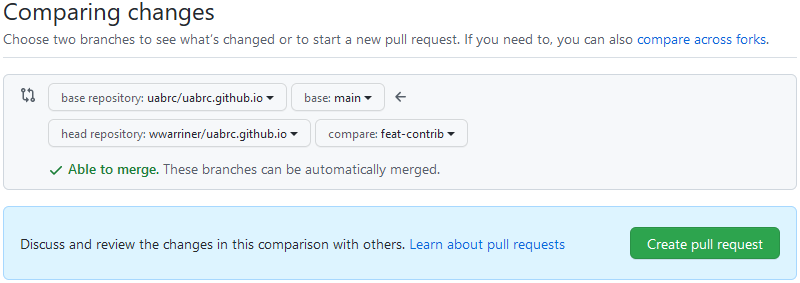 four drop down menus comparing changes while creating pull request