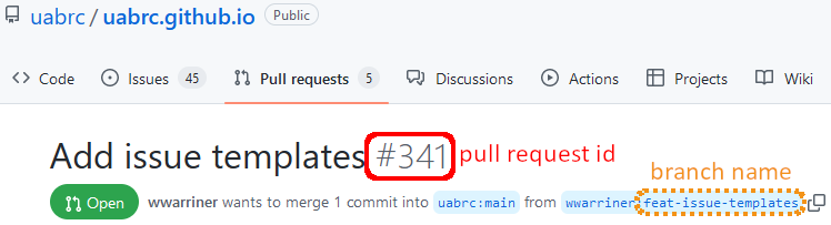 part of github.com page with id number and branch name highlighted