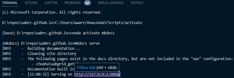 example mkdocs serve usage