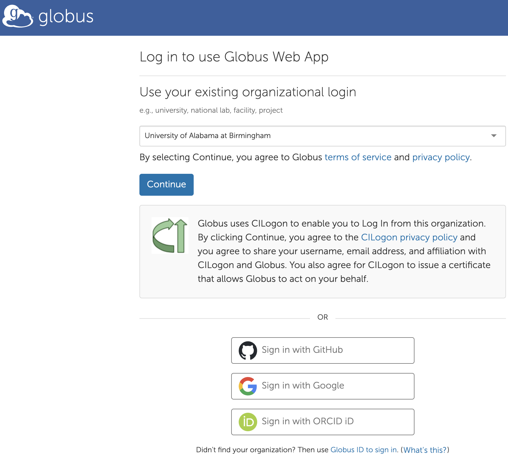 Globus login page with University of Alabama at Birmingham entered into the text box