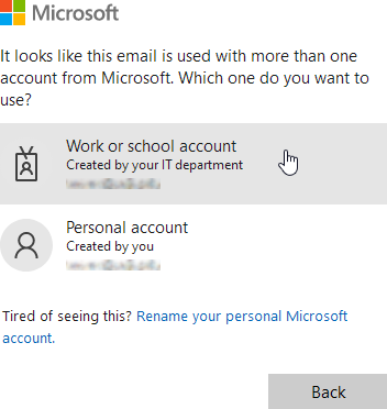 onedrive account selection dialog