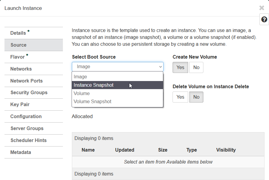 !launch instance dialog on source tab with instance snapshot selected in select boot source drow down
