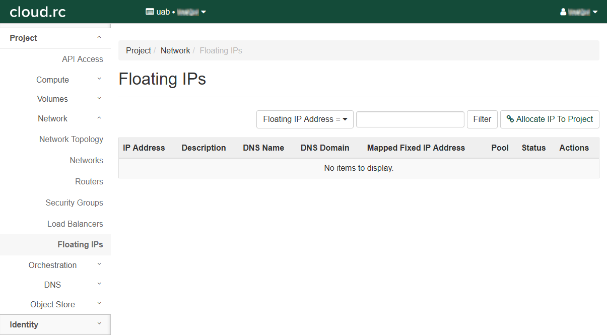 !cloud.rc Floating IPs page. The Floating IPs table is empty.