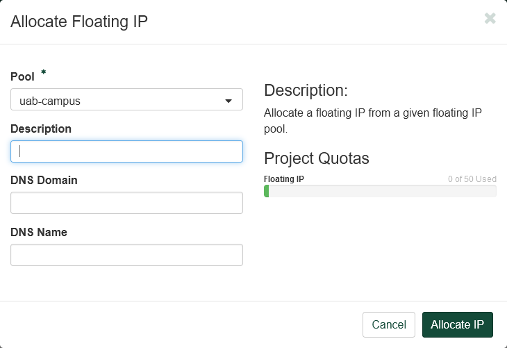 !Allocate Floating IP dialog. The dialog form is empty.