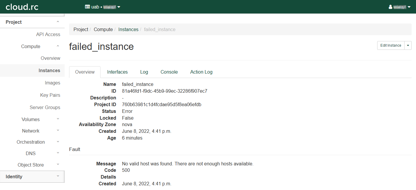 failed instance overview page showing id and fault reason