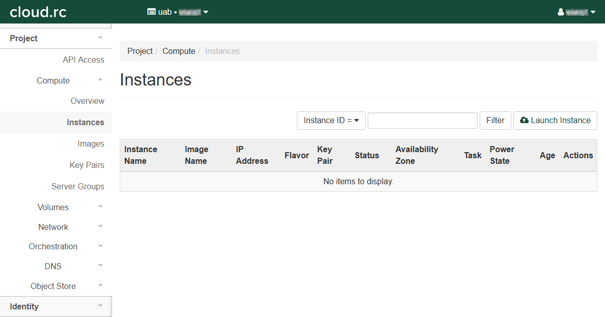 cloud.rc Instances page. The Instances table is empty.