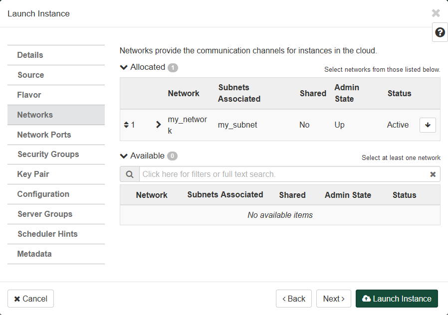 Launch Instance dialog. The Networks tab is selected.