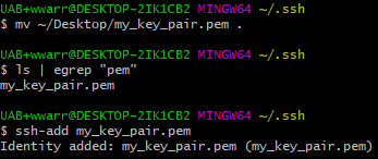 MINGW64 terminal on Windows. Commands have been used to move the private key file into the ssh folder and add it to the ssh agent.