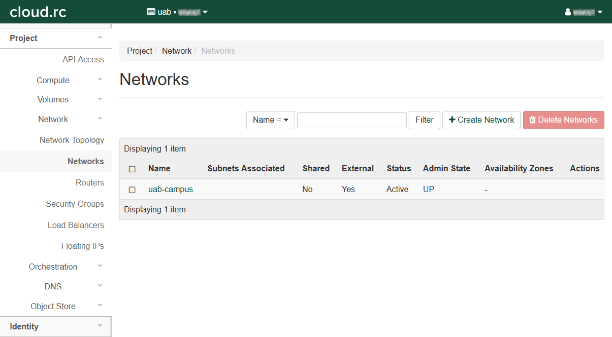 cloud.rc Networks page. The Networks table has one entry. The entry is the default, persistent uab-campus network.