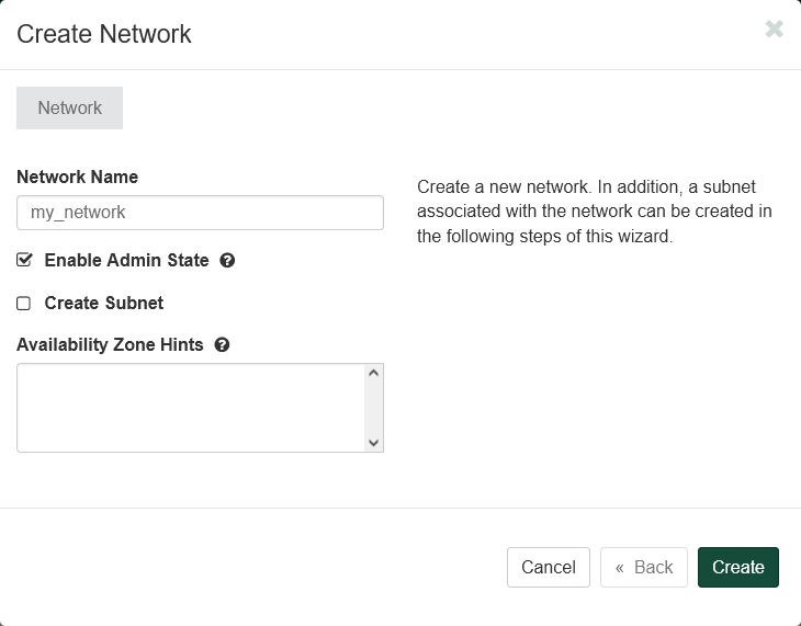 Create Network dialog. The dialog form is empty except Network Name has been set to my_network.