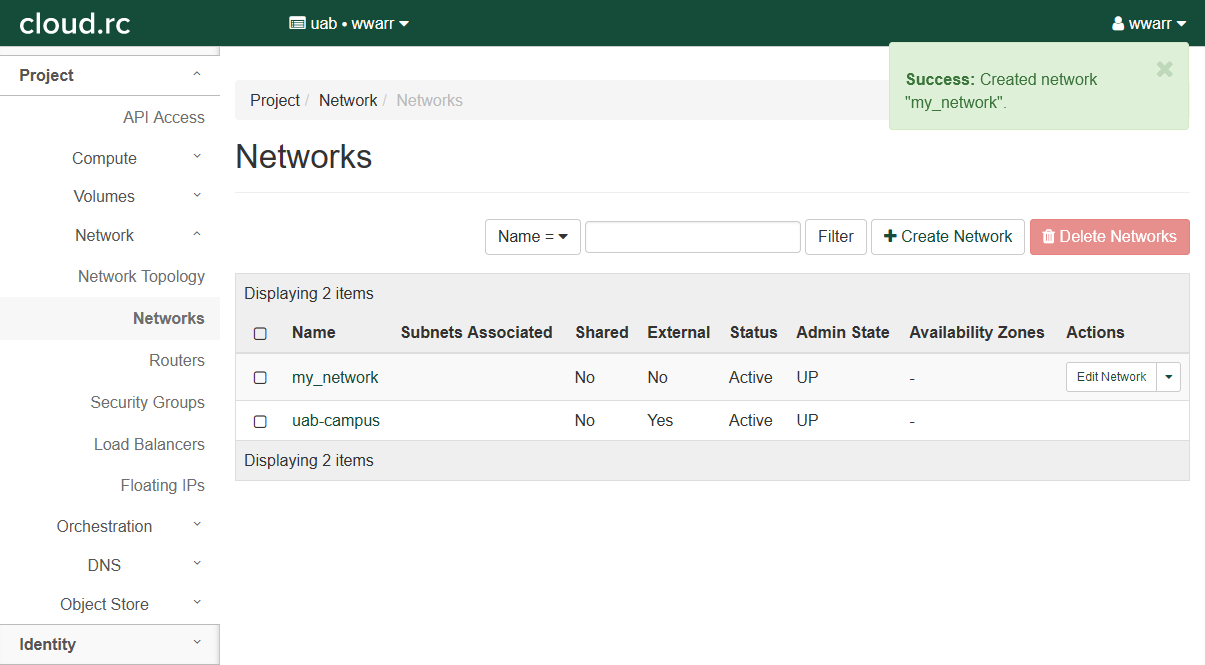 cloud.rc Networks page. There is an additional entry in the table. The new entry is my_network.
