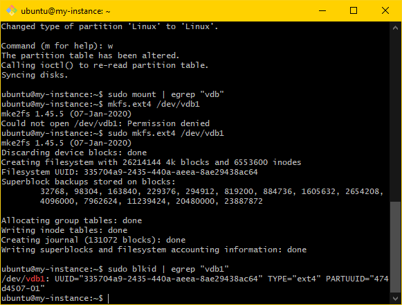 MINGW64 terminal on Windows. The sudo blkid | egrep "vdb1" command has been used to find the partition UUID.
