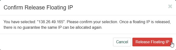 !Release floating IP confirmation dialog.