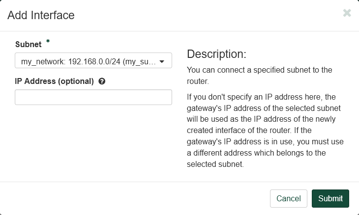 Add Interface dialog. The dialog is filled out. The my_network subnet is selected as subnet.