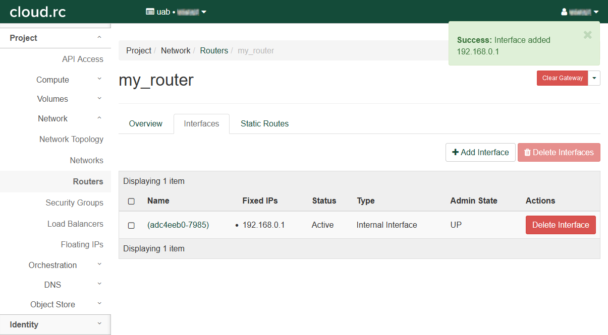 !my_router overview page. The Instances tab is selected. The table has one entry with a random UUID string as name.
