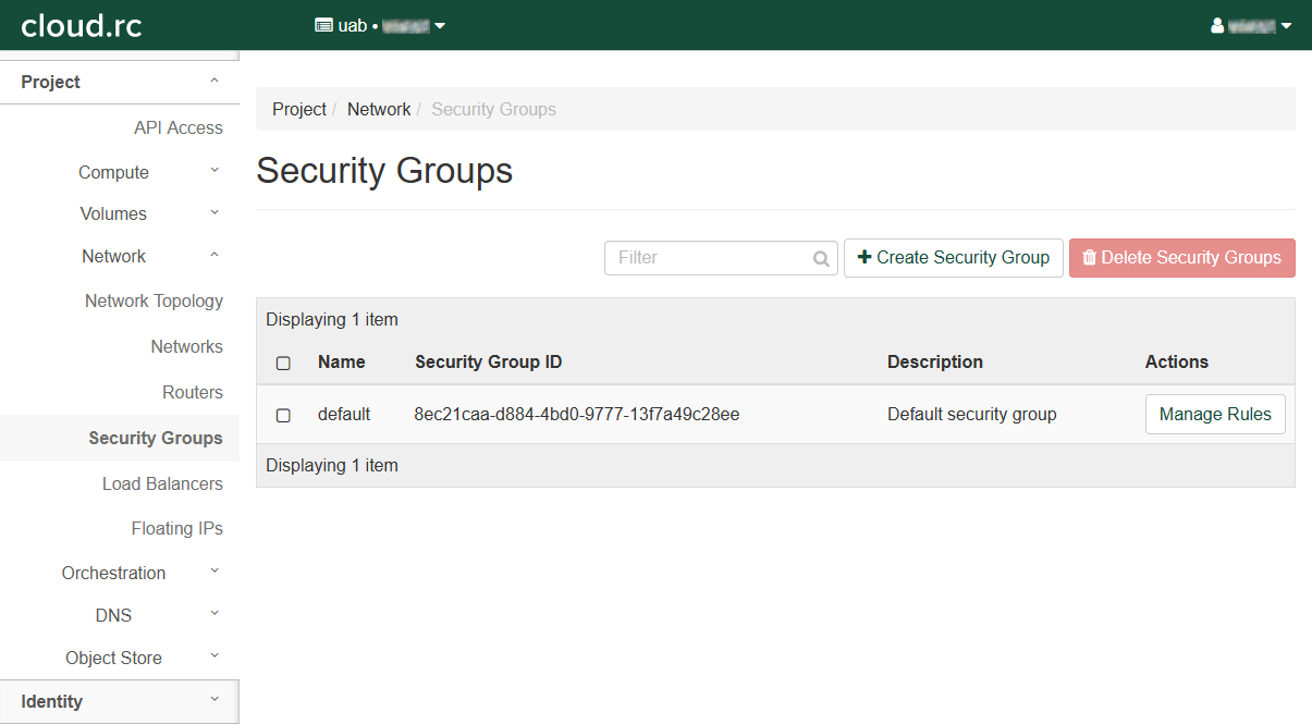 cloud.rc Security Groups page. The Security Groups table has one entry, the default, persistent entry labeled default.