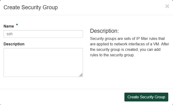 Create Security Group dialog. The dialog has been filled out with the name set as ssh.