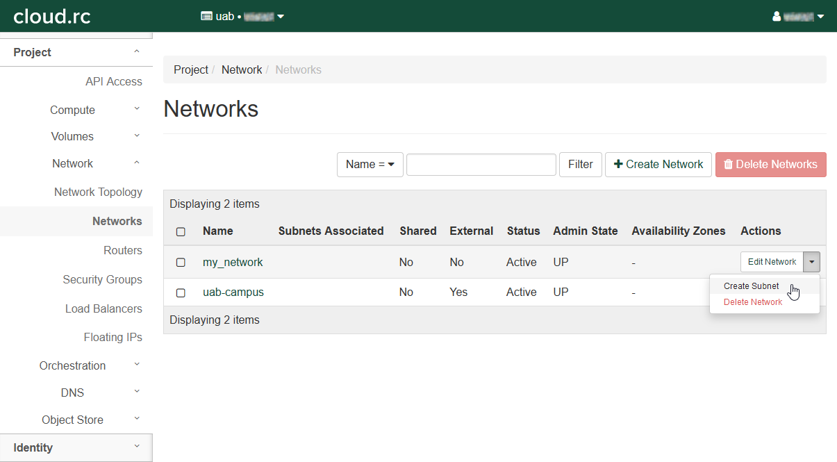 !Drop-down box under the Actions column in the my-network row of the Networks table. The drop-down box has been clicked, revealing two options. The selected option is Create Subnet.