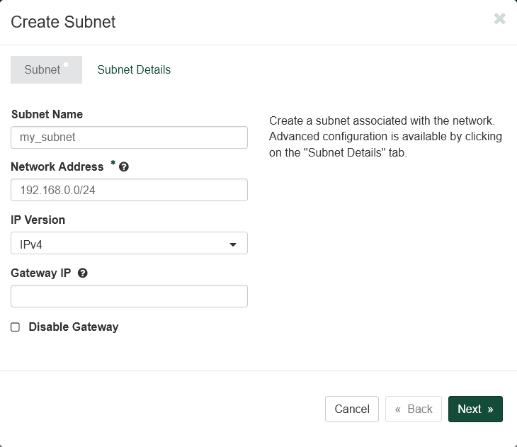 Create Subnet dialog box. The Subnet tab is selected. The form has not been filled out beyond default values. The Subnet Name has been set to my_subnet.