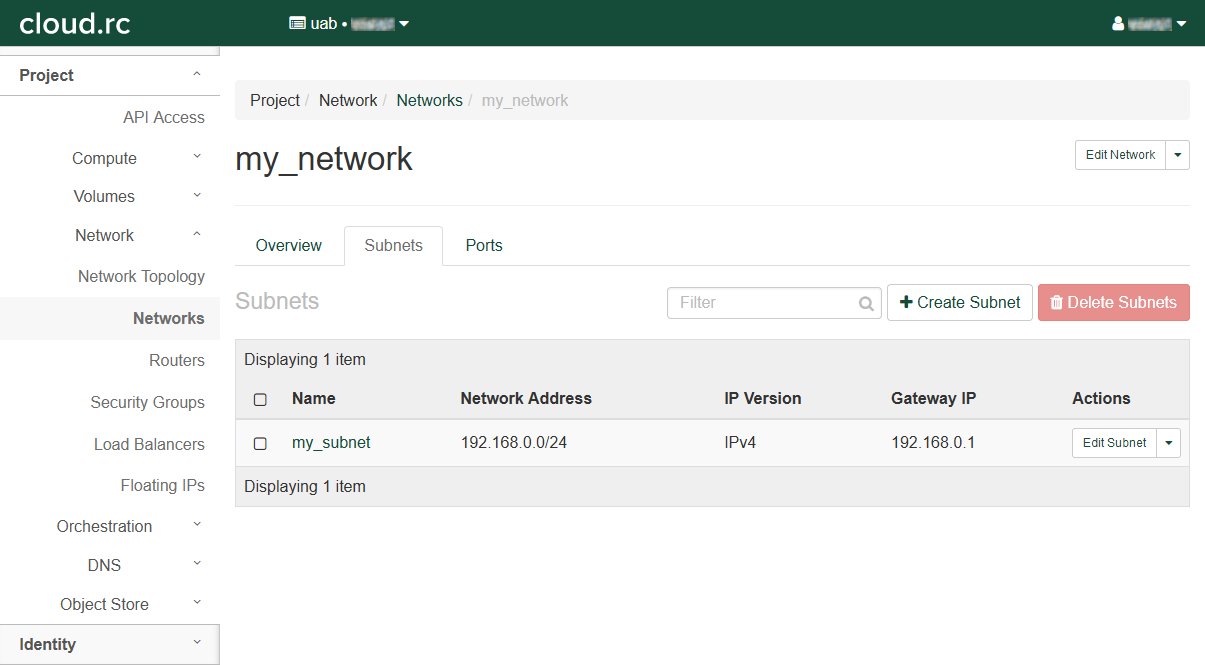 !my_network overview page. The Subnets tab is selected. The table has one entry labeled my_subnet.
